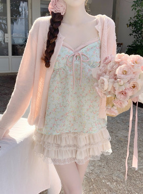 【Dear YN】小清新撞色碎花吊带假两件V领纯欲背心甜美无袖上衣女