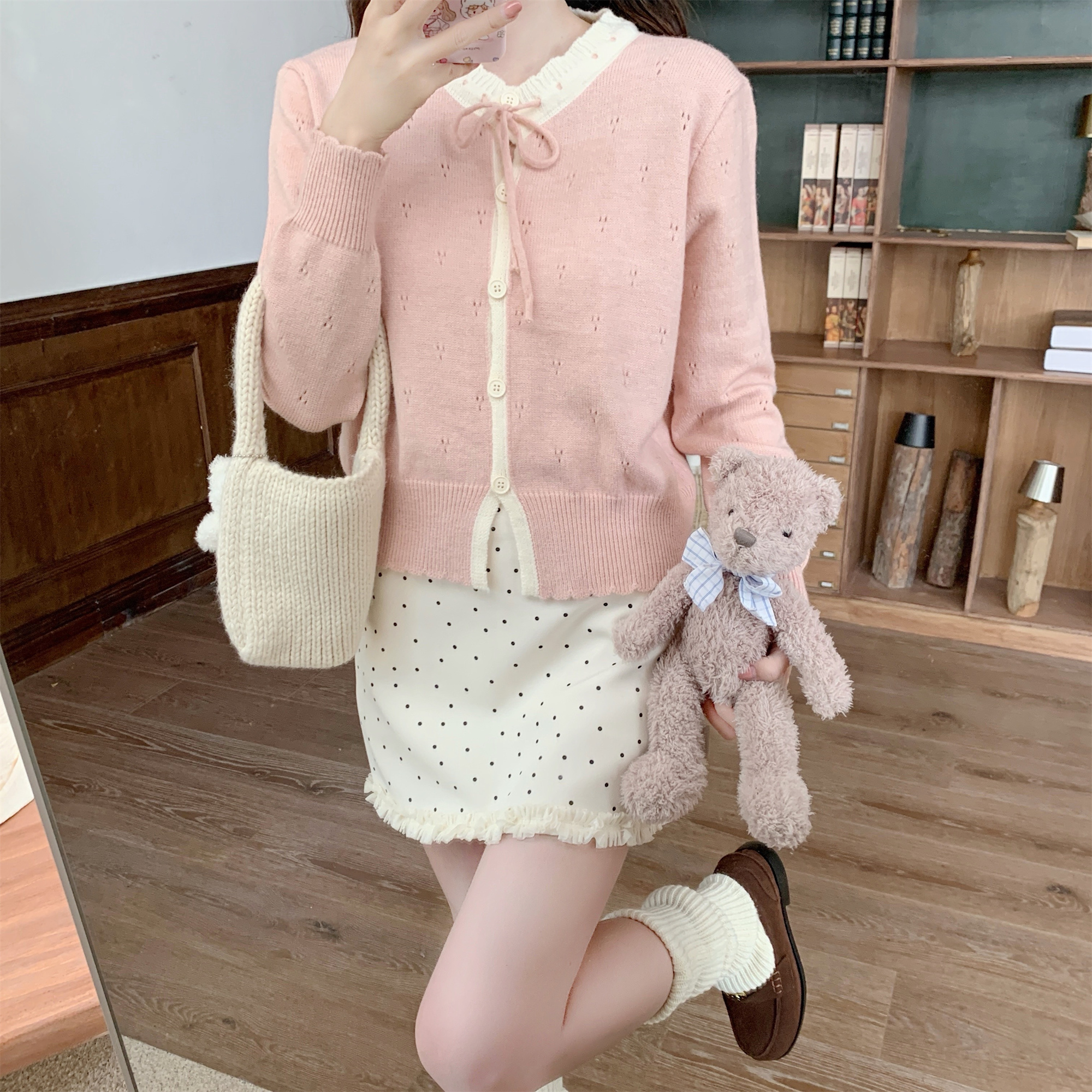 【DearYN】领口系带针织开衫女