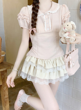 【Dear YN】甜美契约 木耳边娃娃领收腰短袖衬衫减龄花边系带小衫
