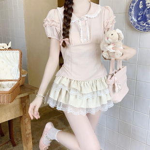 【Dear YN】甜美契约 木耳边娃娃领收腰短袖衬衫减龄花边系带小衫