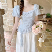 Dear 衬衫 法式 方领收腰花边下摆短袖 减龄系带短款 上衣女夏