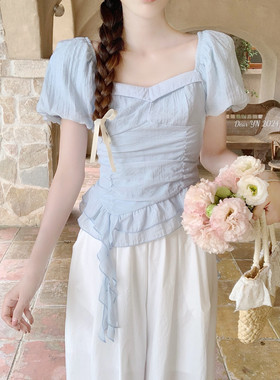 【Dear YN】法式方领收腰花边下摆短袖衬衫减龄系带短款上衣女夏