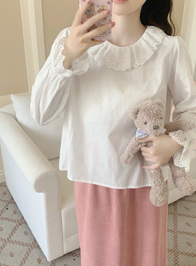 【Dear YN】甜美百搭韩系花边领套头衬衫简约长袖内搭上衣女秋新