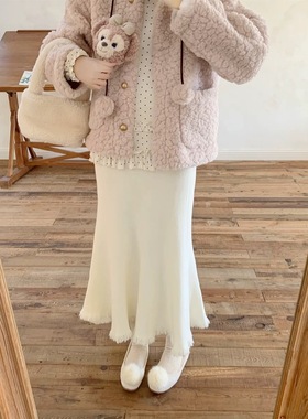 【Dear YN】温柔风 加厚针织高腰下摆流苏鱼尾裙中长款半身裙女新