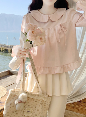 【Dear YN】韩系甜美娃娃领衬衫棉质长袖宽松套头上衣女春新款