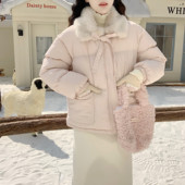 Dear 甜美减龄宽松毛领蝴蝶结系带加厚棉服面包服外套女冬