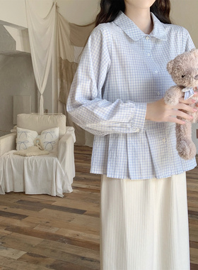 【Dear YN】韩系奶蓝格娃娃领宽松别致长袖衬衫甜美百褶上衣女秋
