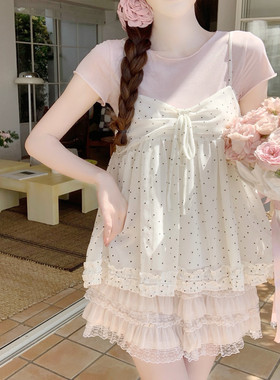 【Dear YN】甜美风粉色短袖圆领T恤木耳边花边吊带女夏套装两件套