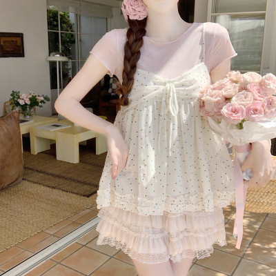 【DearYN】粉色波点短袖两件套