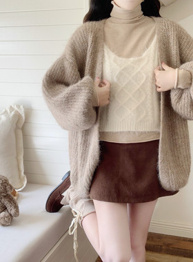 【Dear YN】慵懒风 加厚灯笼袖大版毛衣外套宽松针织开衫女秋冬