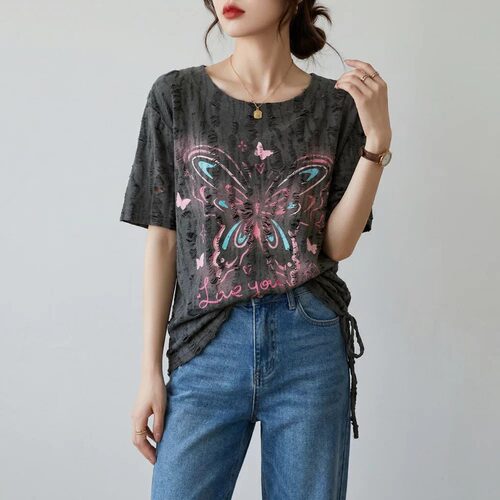 2026夏装新款胖mm大码女甜美破洞印花蝴蝶绑带短袖T恤