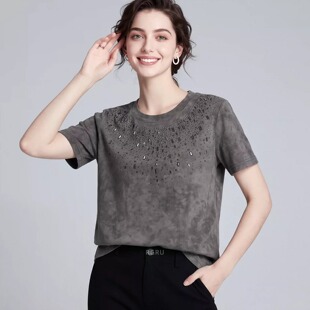 女简约休闲设计感重工烫钻正肩短袖 胖mm大码 T恤 新款 2026夏装