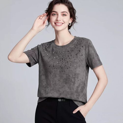 2026夏装新款胖mm大码女简约休闲设计感重工烫钻正肩短袖T恤