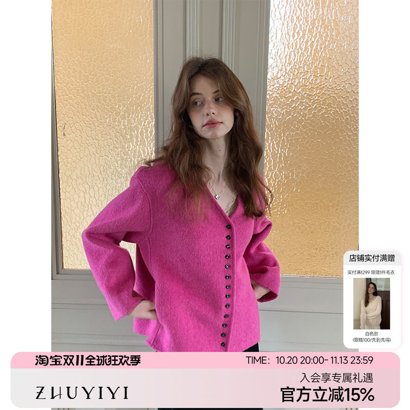 ZHUYIYI 玫红色双面呢秋季短款秋冬上衣外套女款高级感原创设计