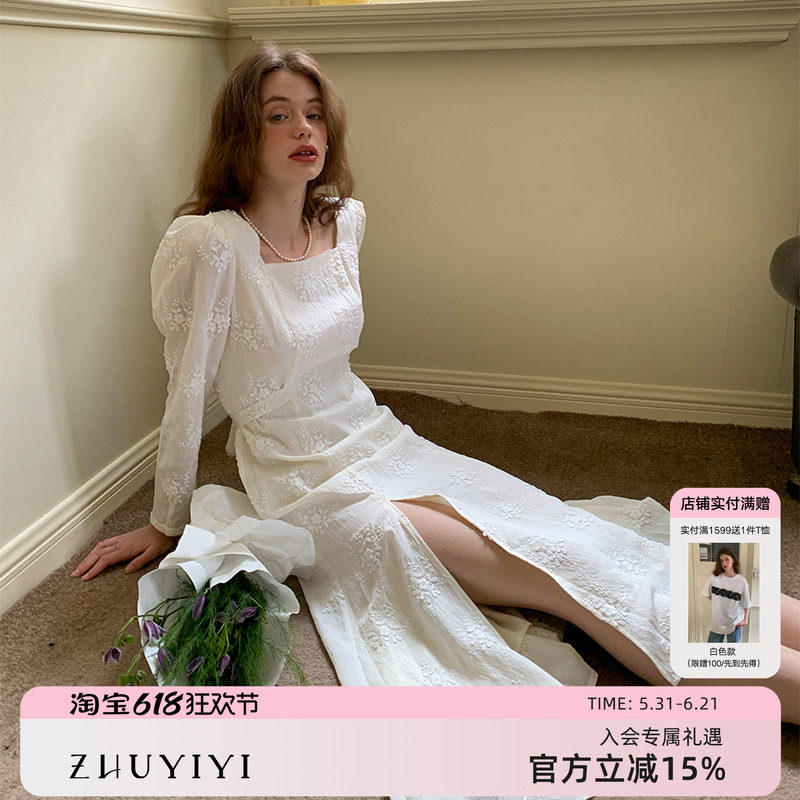 ZHUYIYI 法式蕾丝春季白色连衣裙长女开叉高级感长款轻盈感长裙