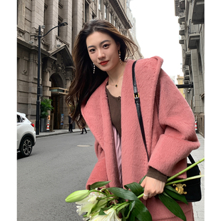 ZHUYIYI 毛呢外套韩 梅子粉色宽松连帽苏力羊驼羊毛连帽大衣女冬季