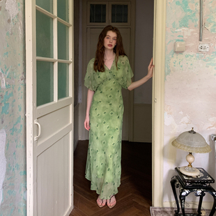 ZHUYIYI 茶歇系新款中袖印花薄纱连衣裙女夏收腰显瘦长裙高级感