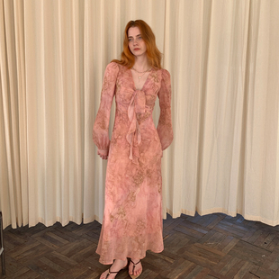 ZHUYIYI 早秋法式气质新款长袖薄纱连衣裙碎花收腰设计感秋季长裙