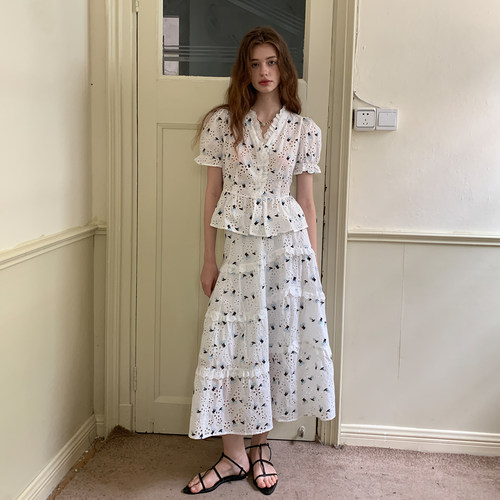 ZHUYIYI  原创设计新款甜美镂空印花衬衫套装女夏半裙高级感