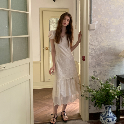 ZHUYIYI 新款仙女温柔风薄纱连衣裙女夏收腰长裙原创设计