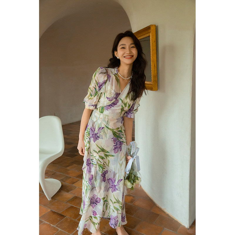 ZHUYIYI 气质法式印花显瘦连衣裙2025新款短袖V领碎花女神裙夏,女装/女士精品,连衣裙,淘宝优惠券,粉丝福利购,淘宝优惠卷