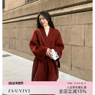 ZHUYIYI 新年红色宽松双面羊绒大衣女秋冬季高端宽松毛呢外套结婚