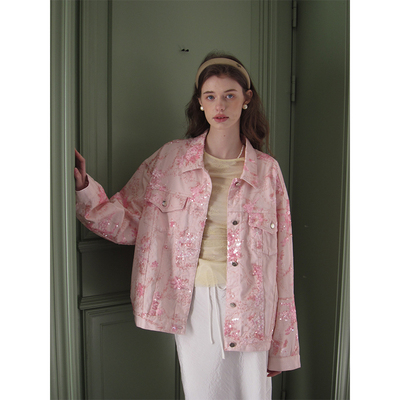 重工钉珠高定珠片绣花牛仔外套