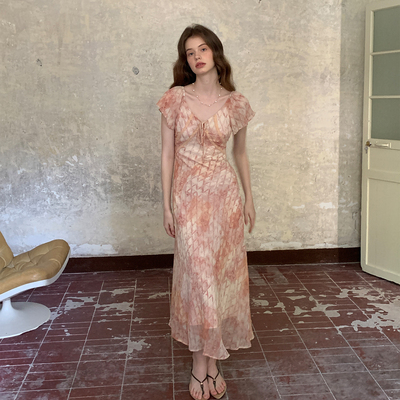 ZHUYIYI 新款薄纱短袖连衣裙女夏收腰显瘦长裙修身简约设计感