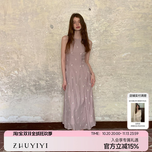 ZHUYIYI 绣花无袖薄纱细吊带背心式连衣裙女夏长裙收腰显瘦原创