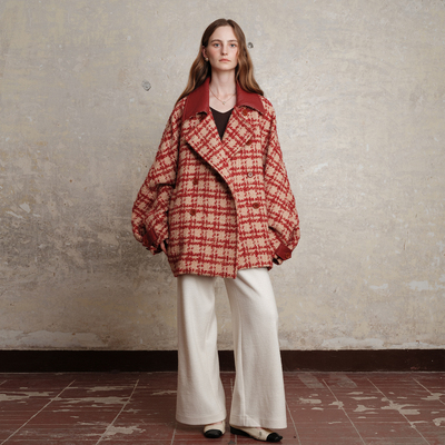 ZHUYIYI 新款红色羊毛格子宽松大衣外套女高级感短款修身显瘦