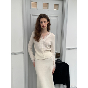 高级感半裙套装 ZHUYIYI 深V领修身 毛衣女季 白色简约套头秋季