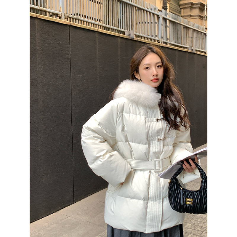 ZHUYIYI 白色短款连帽狐狸毛领羽绒服女2025冬加厚保暖白鹅绒外套