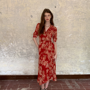 ZHUYIYI 新款碎花红色连衣裙女夏收腰显瘦长款原创设计高级感长裙