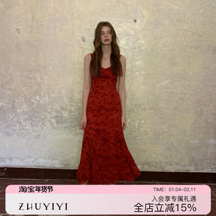 ZHUYIYI 印花高级感吊带红色连衣裙女夏原创设计收腰显瘦小众露背