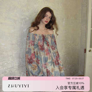 ZHUYIYI 原創(chuàng)設(shè)計(jì) 女新款 莫奈油畫兩穿一字露肩寬松印花上衣雪紡衫