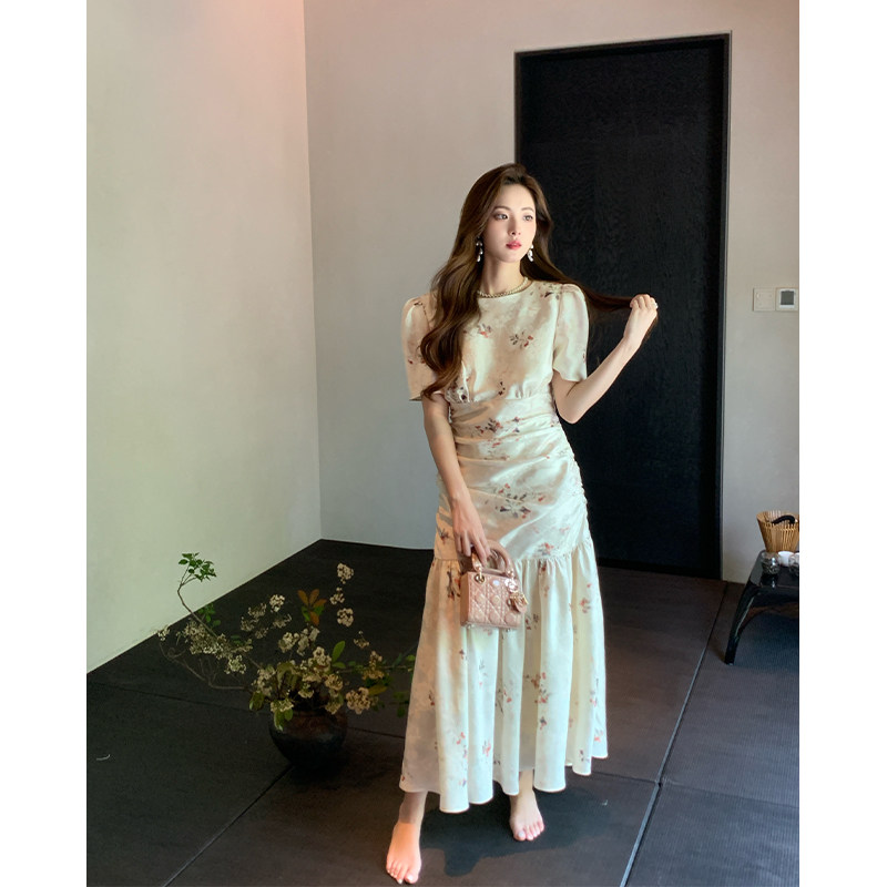 ZHUYIYI 法式收腰杏色印花连衣裙女夏长款复古气质鱼尾裙