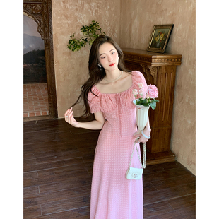 ZHUYIYI 2025夏季新款粉色法式波点复古女神方领系带收腰连衣裙