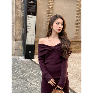 设计感扭结一字肩浣熊毛针织毛衣半身裙女套装 法式 春 新款 ZHUYIYI