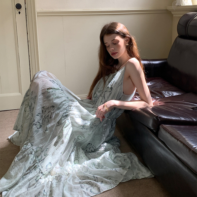 ZHUYIYI新款印花吊带亚麻连衣裙