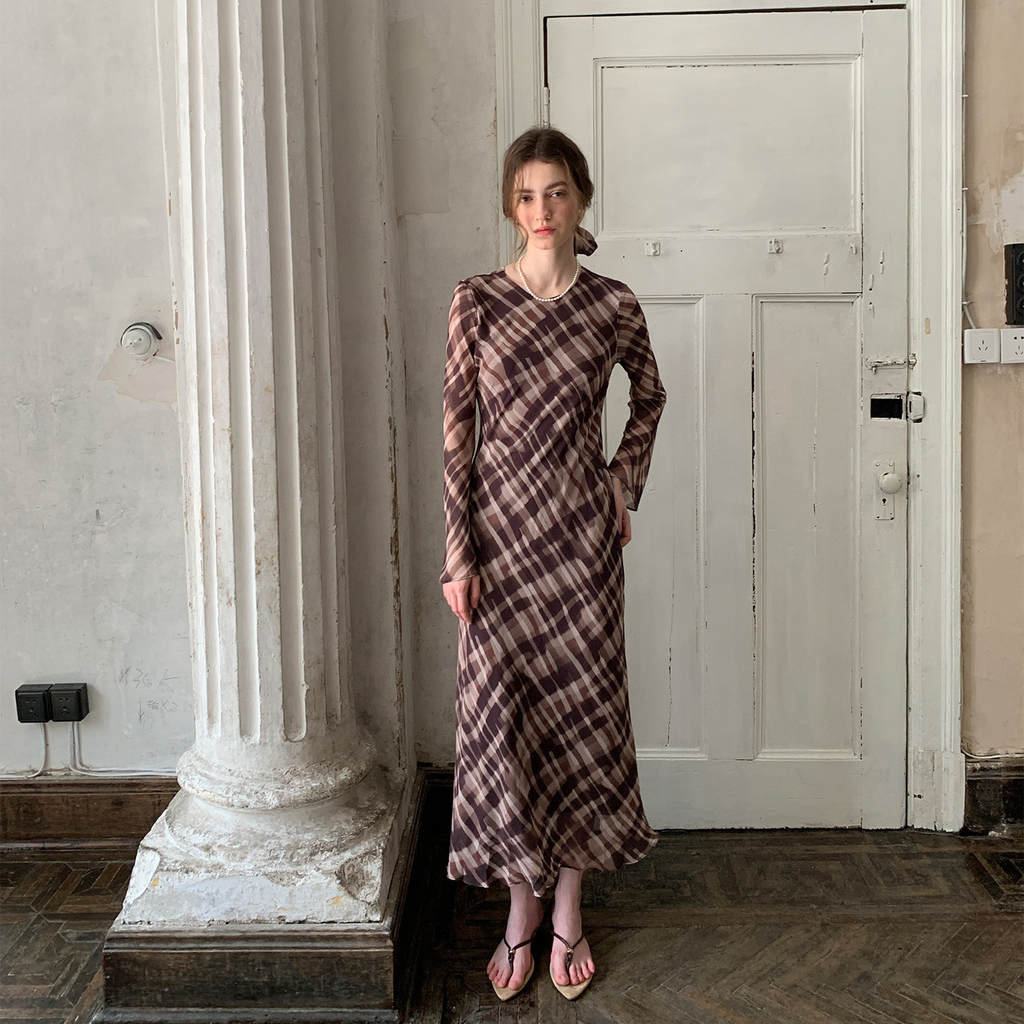 ZHUYIYI 新款法式印花格纹长袖春季连衣裙收腰长裙高级感原创早春