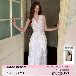 ZHUYIYI 新款法式醋酸白色背心式法式掐腰连衣裙女超仙长裙原创