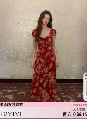 ZHUYIYI 新款碎花无袖红色连衣裙女夏收腰显瘦长裙露背高级感