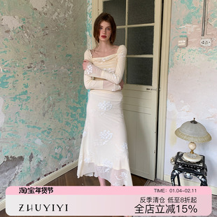 ZHUYIYI 法式重工蕾丝刺绣修身白色早秋长袖连衣裙女原创设计显瘦