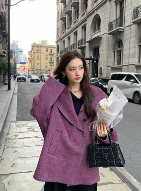 紫色手工贝壳绣慵懒风连帽双面羊绒大衣女短款高端羊驼毛毛呢外套