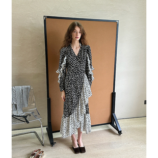 ZHUYIYI 法式收腰长袖碎花春季连衣裙女初春新款温柔不规则长裙子