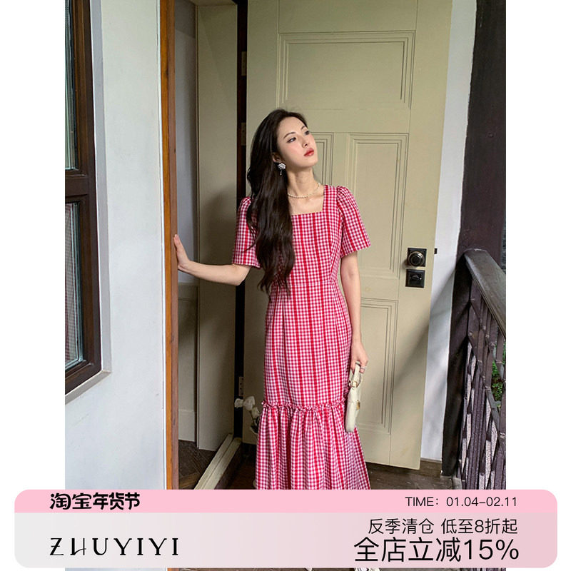ZHUYIYI 法式红色格子方口领连衣裙,女装/女士精品,连衣裙,淘宝优惠券,粉丝福利购,淘宝优惠卷