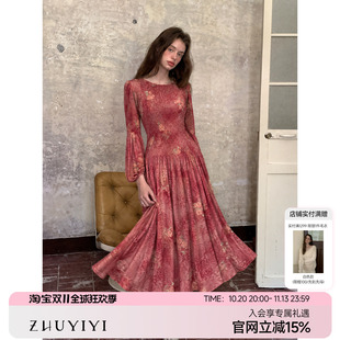 ZHUYIYI新款高级感法式印花长袖收腰连衣裙女早秋油画碎花A字裙秋