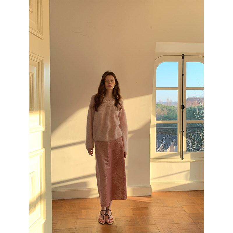 ZHUYIYI 法式温柔粉色a字丝绒秋冬半身裙女百搭高级感原创设计