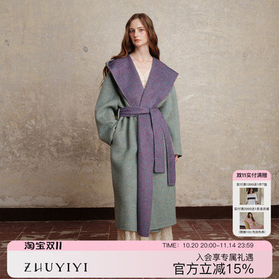 ZHUYIYI 新款连帽手工双面呢羊毛大衣外套女高级感中长款小个子