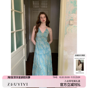 ZHUYIYI 新款高级感挂脖细吊带连衣裙女夏露背性感度假风收腰长裙